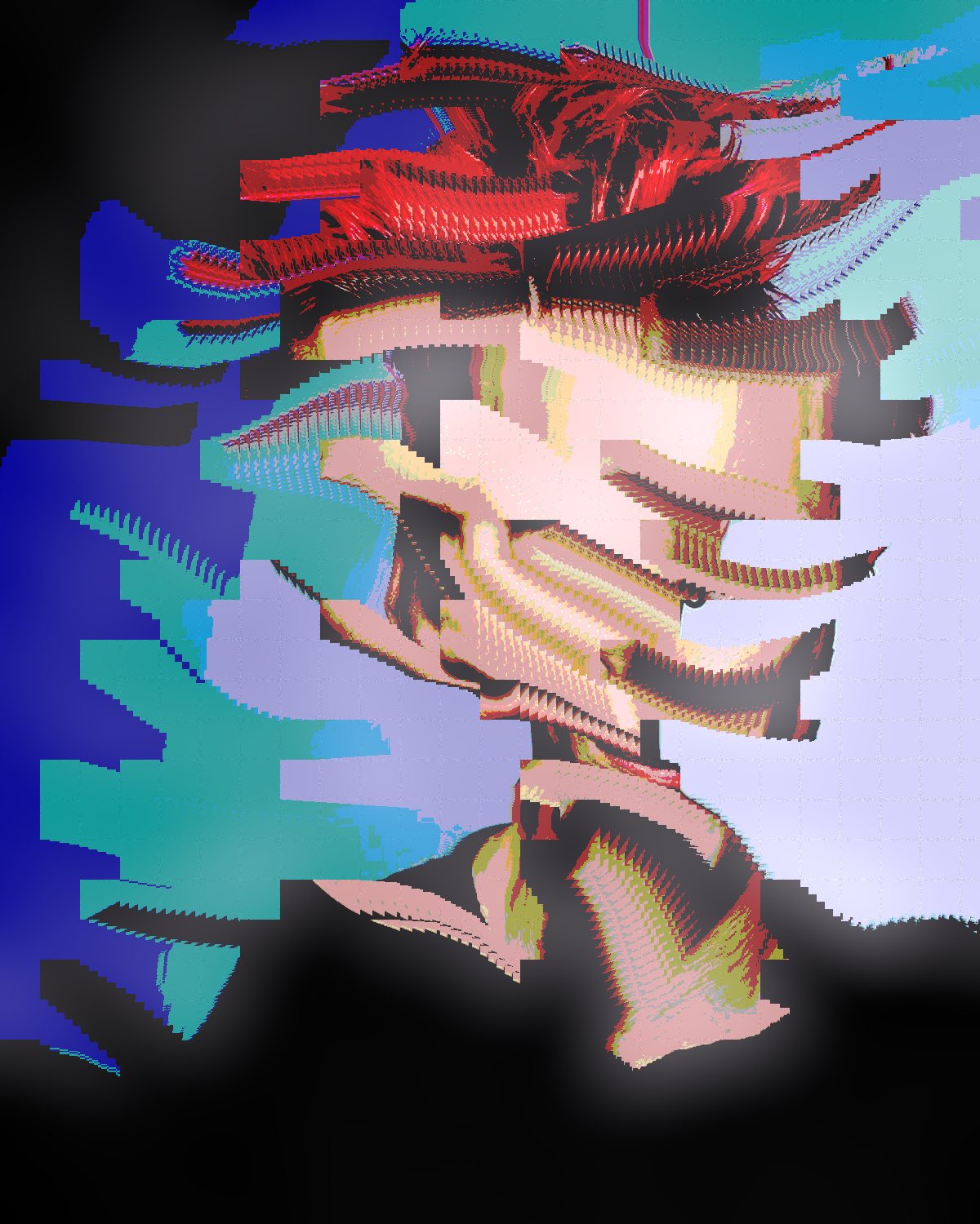 Datamosh effect on a portrait of a man with spiky red hair on a blue background, made with the Datamosh filter in Filter Archive (Smear preset)