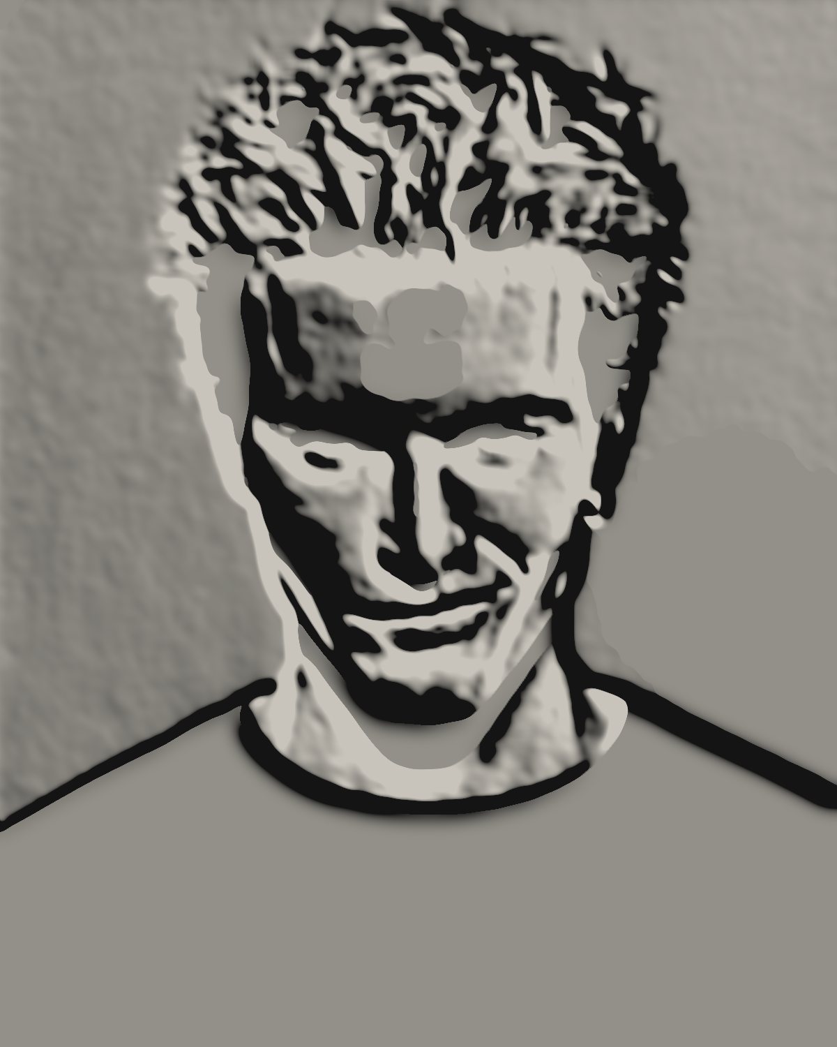 Emboss effect on a portrait of a man with spiky red hair on a blue background, made with the Emboss filter in Filter Archive (Clean Relief preset)