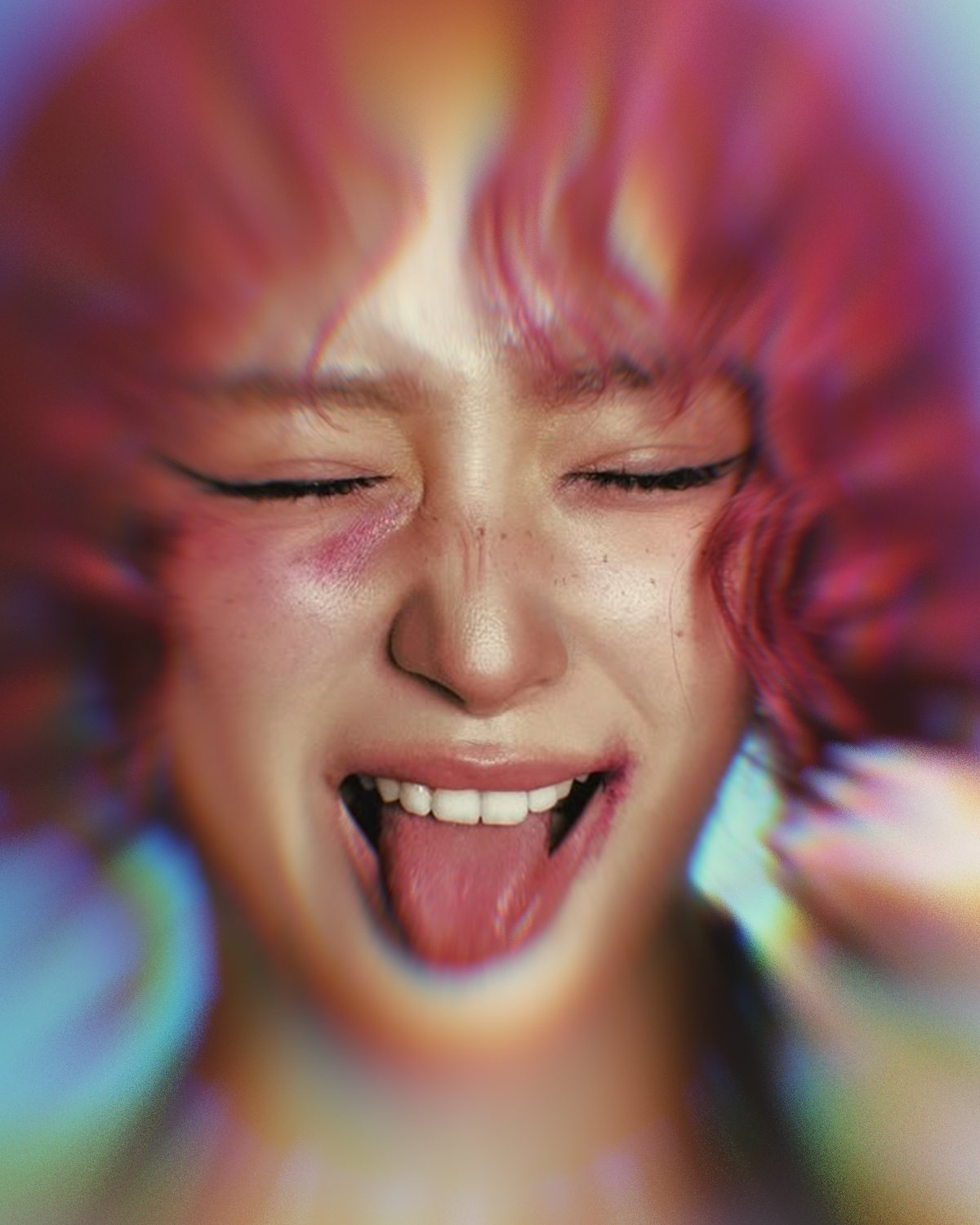 Prism lens effect on a portrait of a laughing woman with pink curly hair, made with the Ghost Lens filter in Filter Archive (Classic preset)