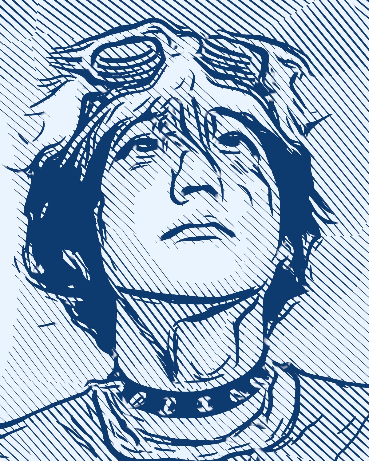 Ink drawing effect on a portrait of a person with goggles looking up, made with the Edge Ink filter in Filter Archive (Blueprint preset)