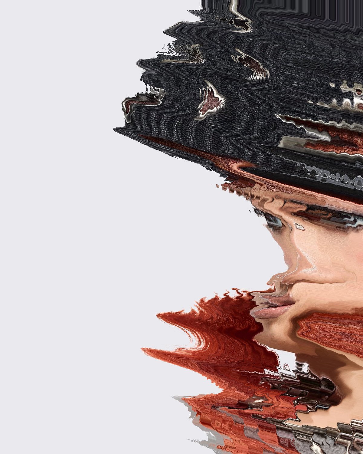 Melt effect on a portrait of a woman with red hair in a studded beanie, made with the Decay filter in Filter Archive (Torn preset)