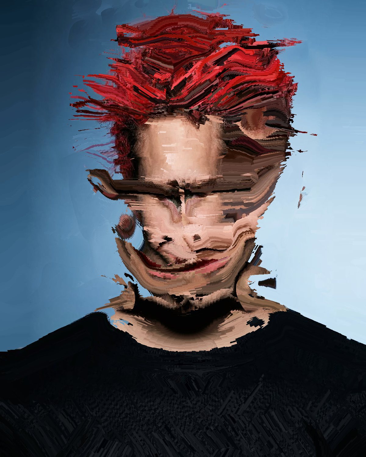Smear effect on a portrait of a man with spiky red hair on a blue background, made with the Smudge filter in Filter Archive (Combed Close preset)
