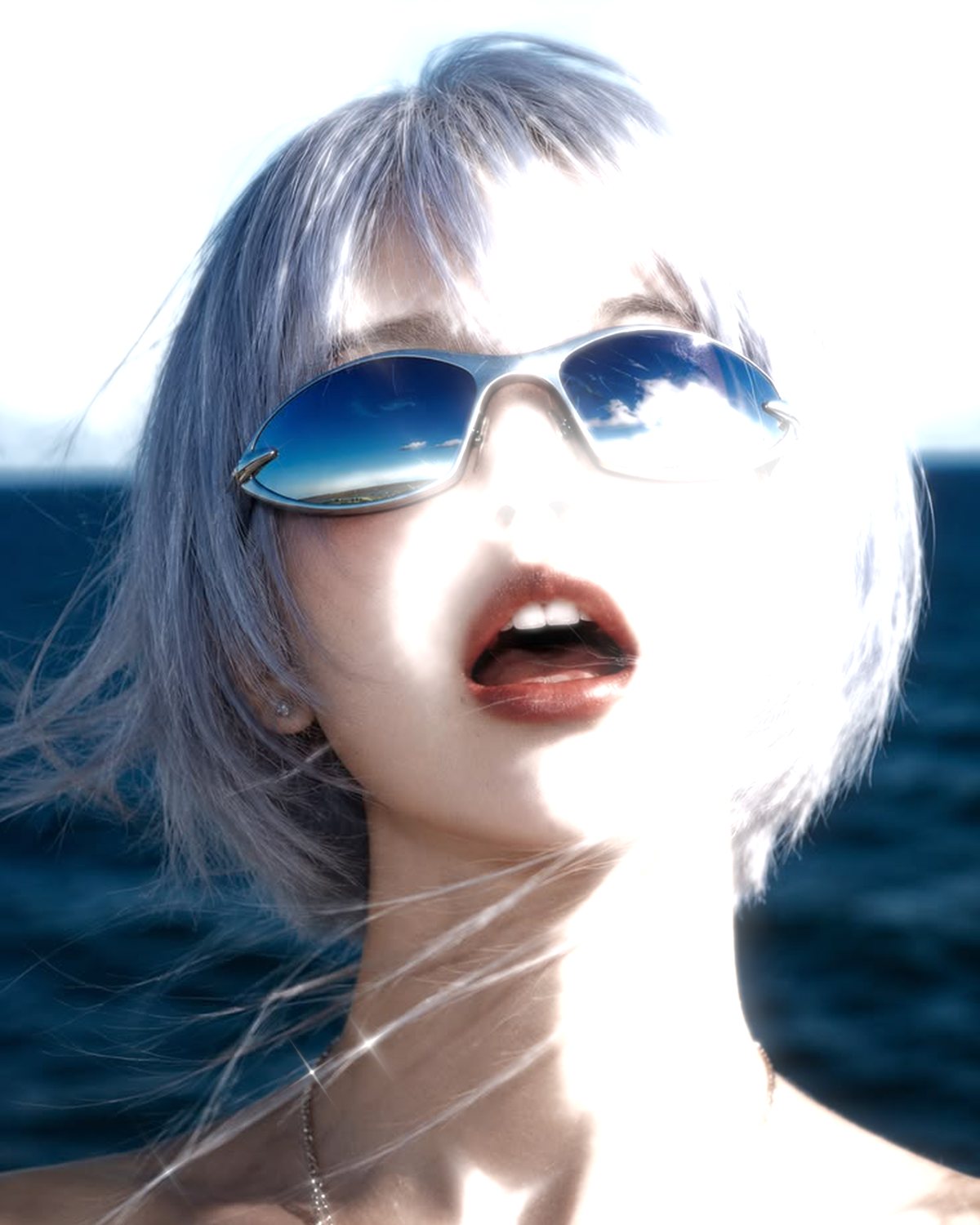 Star filter effect on a portrait of a woman with silver hair and blue sunglasses by the sea, made with the Starlight filter in Filter Archive (Starburst preset)
