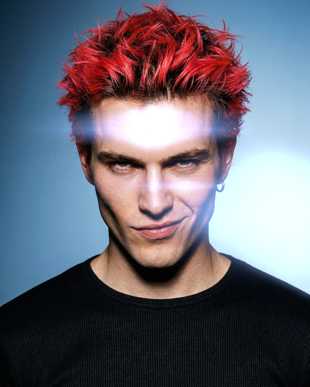 Star filter effect on a portrait of a man with spiky red hair on a blue background, made with the Starlight filter in Filter Archive (Anamorphic preset)