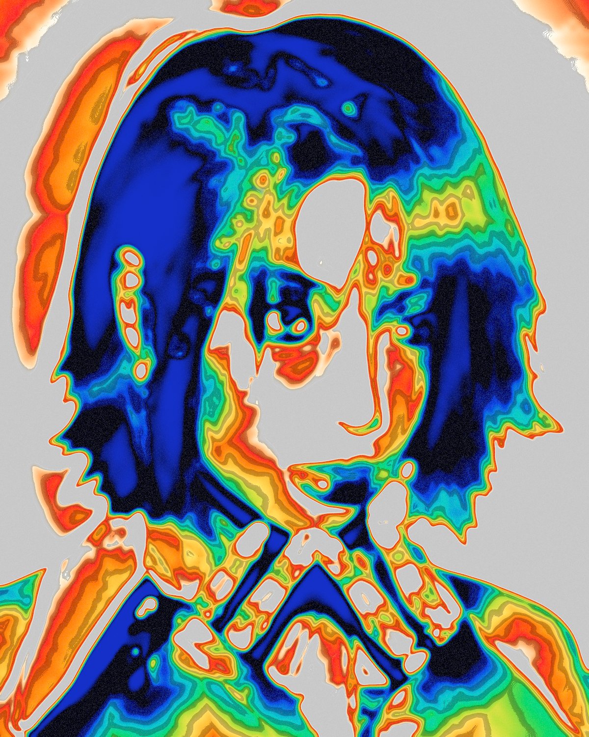 Thermal camera effect on a portrait of a woman with copper red hair, made with the Thermal filter in Filter Archive (True Heatmap preset)