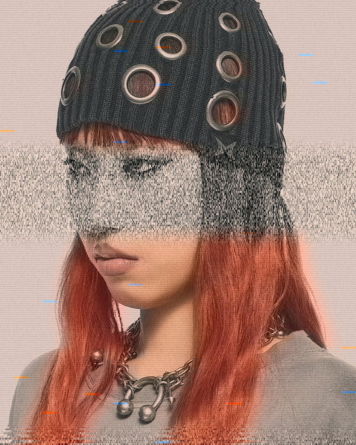 VHS effect on a portrait of a woman with red hair in a studded beanie, made with the VHS Tape filter in Filter Archive (Tracking Lost preset)