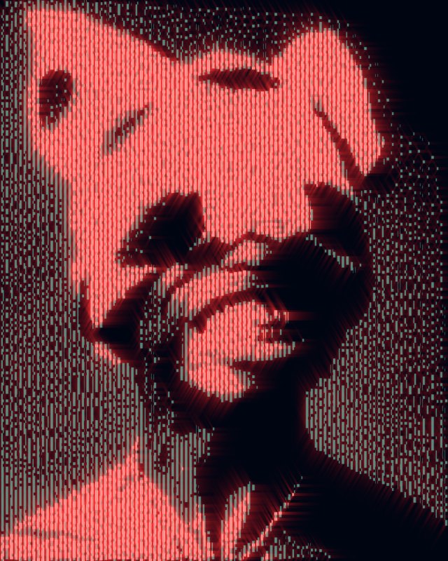 A portrait rendered as a red phosphor CRT poster using Bitmap, CRT and Starlight
